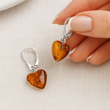 Sterling Silver Baltic Amber Heart Drop Leverback Earrings – 13mm, 2 of 6