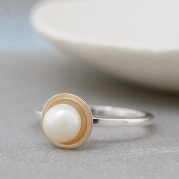 Silver And 9ct Gold Pearl Ring. Dainty Stacking Ring, 3 of 10