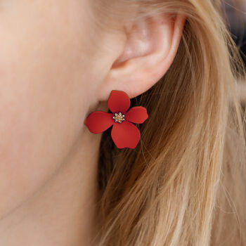 Red Hand Painted Flower Shaped Stud Earrings, 2 of 3