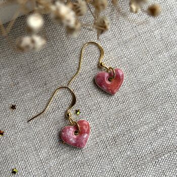 Small Speckled Pink Dainty Ceramic Heart Earrings, 3 of 7