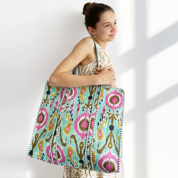 Mint Ikat Design Large Quilted Shoulder Bag, 6 of 7