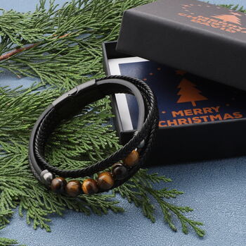 Christmas Personalised Tiger Eye Stone Leather Bracelet For Men, 3 of 9