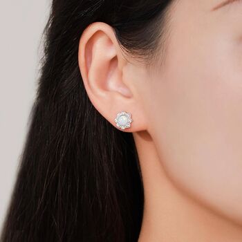 Sterling Silver Vintage Inspired White Opal Flower Cz Stud Earrings, 7 of 12