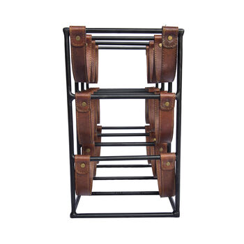 Square Leather And Metal Nine Bottle Sling Wine Rack, 5 of 8