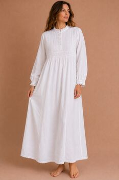 White Cotton Nightdress Polo Long Sleeve Broderie Anglaise Vintage Victorian Nightgown, 4 of 12