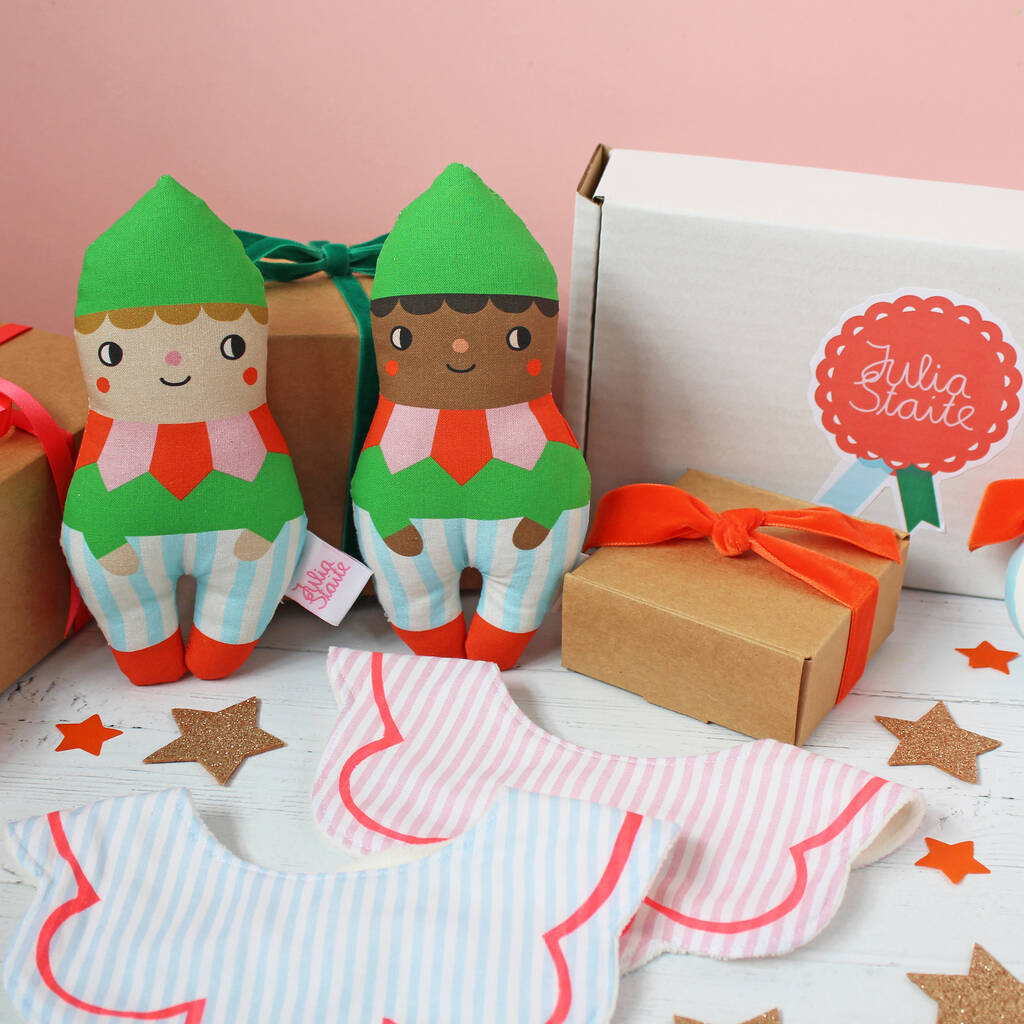 Christmas Elf Bib And Rattle Baby Gift Set, 1 of 12