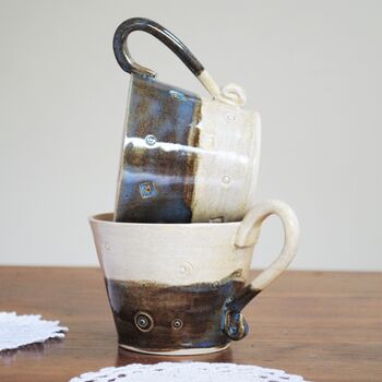 Stoneware Cup Handmade With Blue/Brown And White Stripe, 2 of 7
