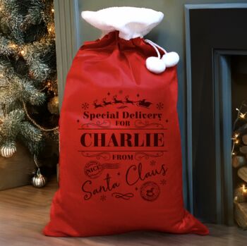Personalised Luxury Pom Pom Special Delivery Red Sack, 3 of 4