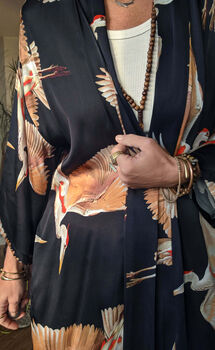 Ladies Luxury Black Bamboo Silk Kimono Robe Crane Bird Noir, 3 of 10