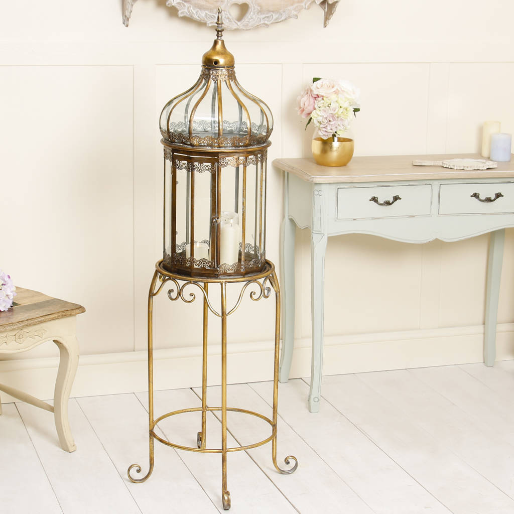 Antique Bronze Glass And Metal Birdcage On Stand By Dibor