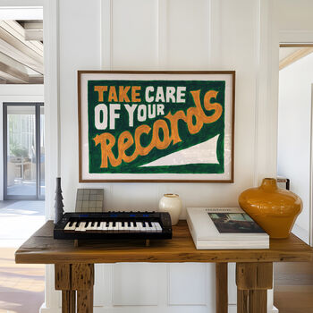 Take Care Of Your Records Hand Painted Retro Wall Art Print, 3 of 7