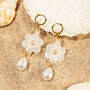 18 K Gold Plated Huggie Hoops With Teardrop Pearl, Flower, And Ivory Pearl Rhinestone Dangle Earrings, thumbnail 1 of 6