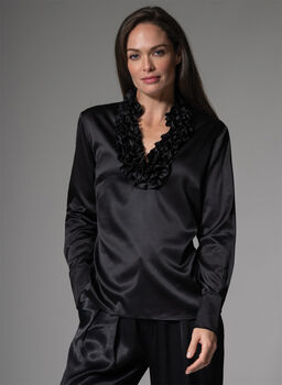 Constance Black Ruffle Collar Silk Satin Evening Blouse, 3 of 4