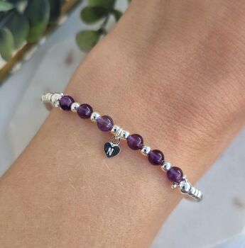 Sterling Silver February Amethyst Beaded Bracelet: February Birthstone, Personalised Heart Charm, 2 of 5