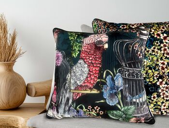 Wild Captivity Birds And Bird Cages Cushion With Flowers In Luxury Velvet On Navy Blue, 4 of 8
