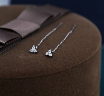 Sterling Silver Cz Trio Flower Threader Earrings, 3 of 11