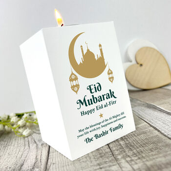 Personalised Eid Al Fitr Crescent And Lanterns White Tea Light Holder, 4 of 6