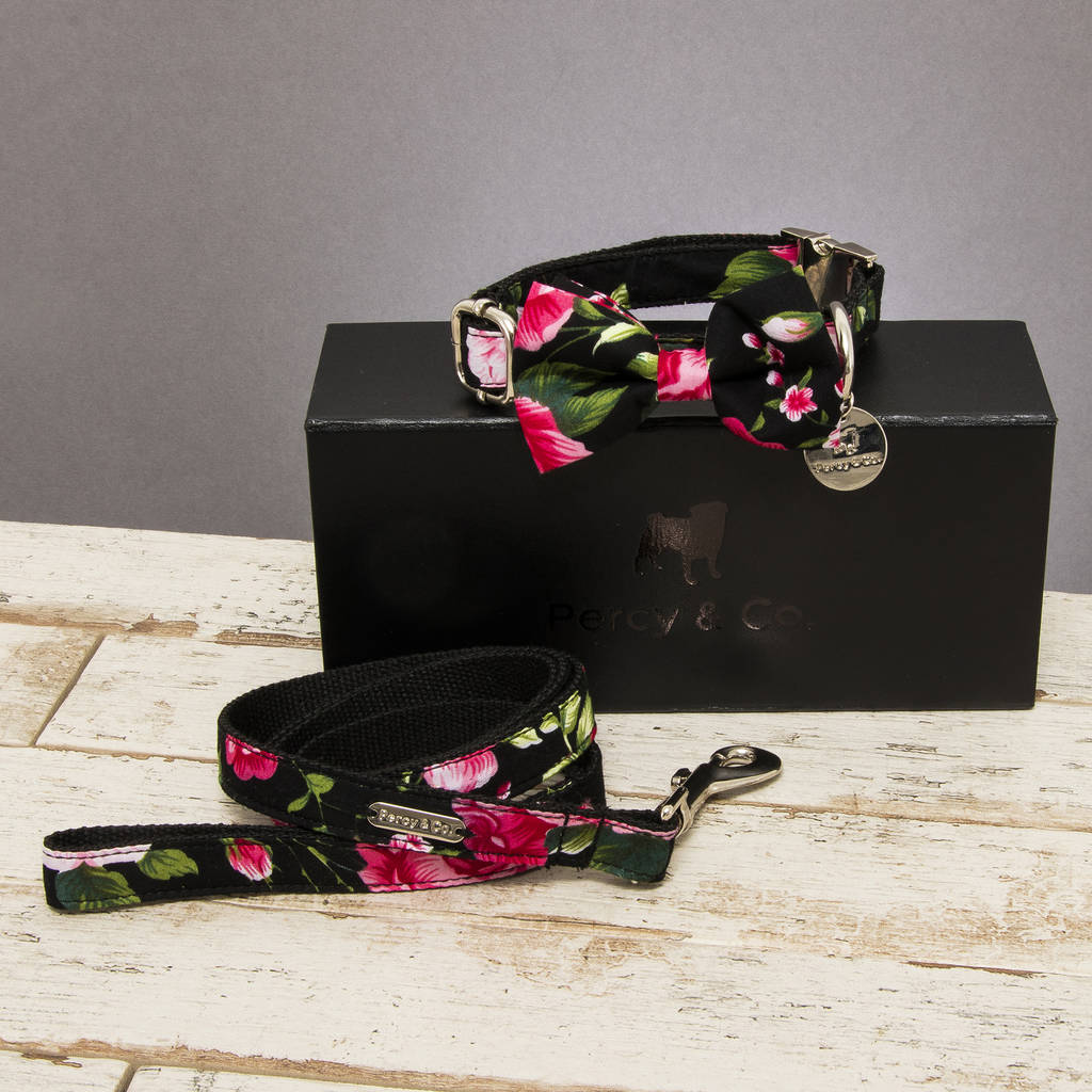 The Chelsea Pink Floral Dog Collar Bow Tie And Lead Set, 1 of 5