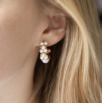 Pearl Encrusted Gold Huggie Hoop Earrings, 2 of 2