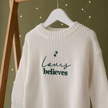 Personalised Name Believes Children's Christmas Knitted Jumper, 6 of 6