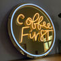 Coffee First Neon LED Sign On Gold Acrylic, thumbnail 2 of 5