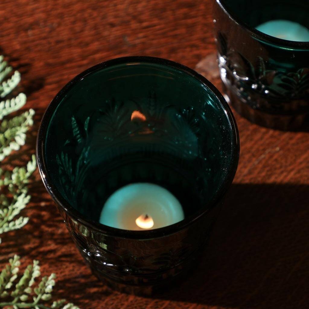 Set Of Two Teal Art Deco Glass Tea Light Holders By Dibor