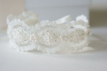 Hand Embellished Beaded Ivory Lace Bridal Bracelet, 2 of 6