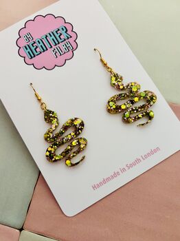 Snake Glitter Resin Earrings / Gothic Serpent Jewellery / Medusa Aesthetic Earrings / Snake Lovers Gift, 2 of 6