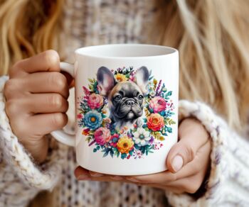 Personalised French Bulldog Summer Floral Dog Wreath Cushion And Mug Gift Bundle, 2 of 4