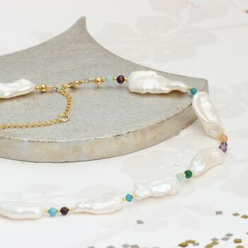 White Long Biwa Pearl And Colouful Gemstone Necklace, 3 of 11