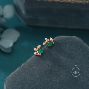Sterling Silver Tiny Leaf With Natural Green Onyx Stud Earrings, 4 of 12