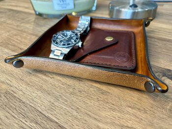 Personalised Burnt Tan Square Leather Desk Accessories Tray, 6 of 12