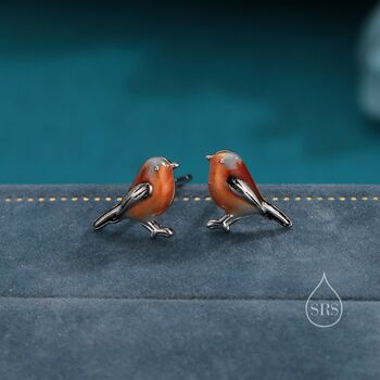 Sterling Silver Hand Painted Robin Bird Stud Earrings, 2 of 11