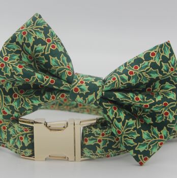 Green And Gold Holly Christmas Dog Bow Tie, 7 of 12