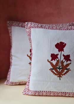 Maroon Floral Block Printed Cushion Cover Set Of Two, 2 of 2