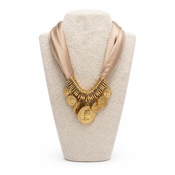 Bold Statement Gold Coin Charm Necklace With Satin Tie Closure, 2 of 5