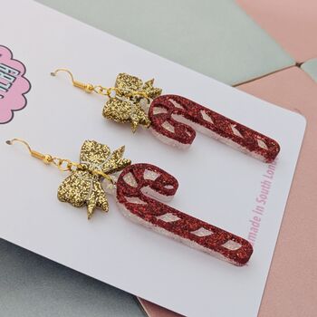 Candy Cane Glitter Resin Christmas Earrings Red And White, Pink And Blue, 2 of 8
