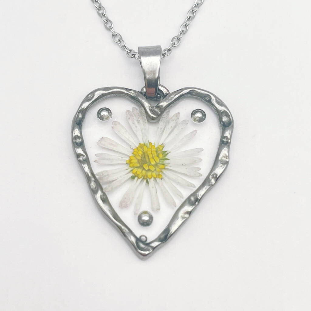 Heart Necklace With Daisy Flowers And Silver Beads, 1 of 10