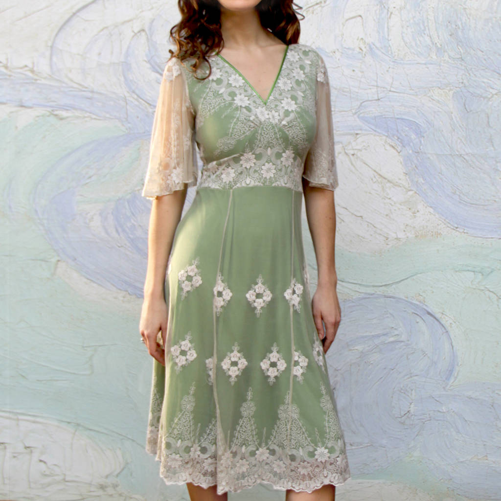 Thirties Style Dress In Ivory And Green Lace, 1 of 3