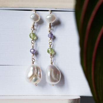 Peridot Purple Zircon Pearl Drop Earrings, 4 of 10