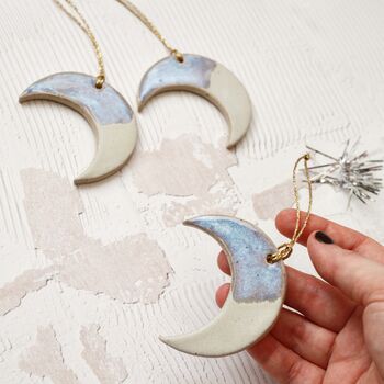 Handmade Ceramic Moon Ornament: Blue And White Glaze, Festive Tree Decoration, 2 of 4