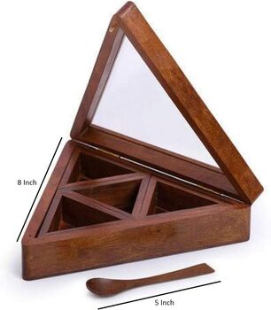Wooden Handcrafted Triangle Spice Box With Spoon, 3 of 3
