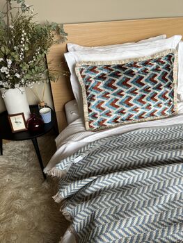 Modern, Oblong, Velvet, Ikat, Cushion With Silk Tassels Brown, Blue, Cream Herringbone Pattern Design, 10 of 10
