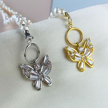 Sterling Silver Butterfly Pendant Pearl Choker Necklace, 4 of 5