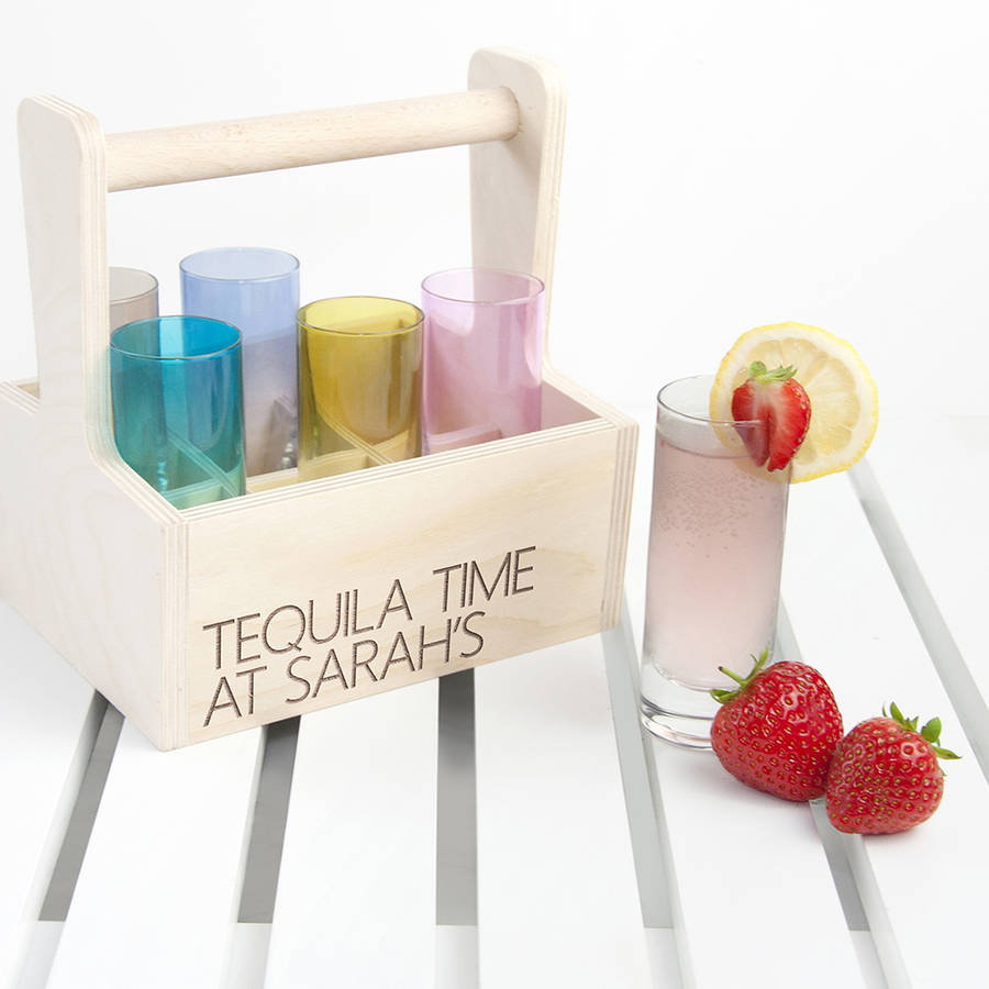 Set Of Six L.S.A. Shot Glasses With Personalised Trug By The Letteroom