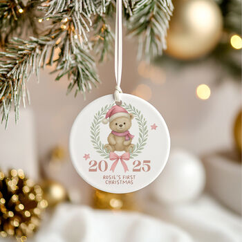 Personalised Baby's First Christmas Teddy Bear Bauble Keepsake In Pink Or Blue, 3 of 7