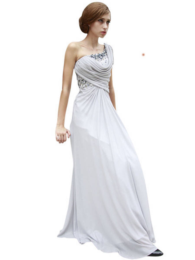 grey one shoulder chiffon bridesmaid  dress  by elliot 