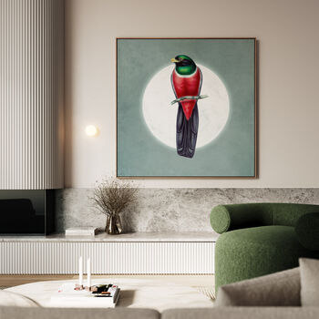 Large Tailed Trogon Moon Art Print – Vintage Japandi Style – Range Of Colours, 3 of 6
