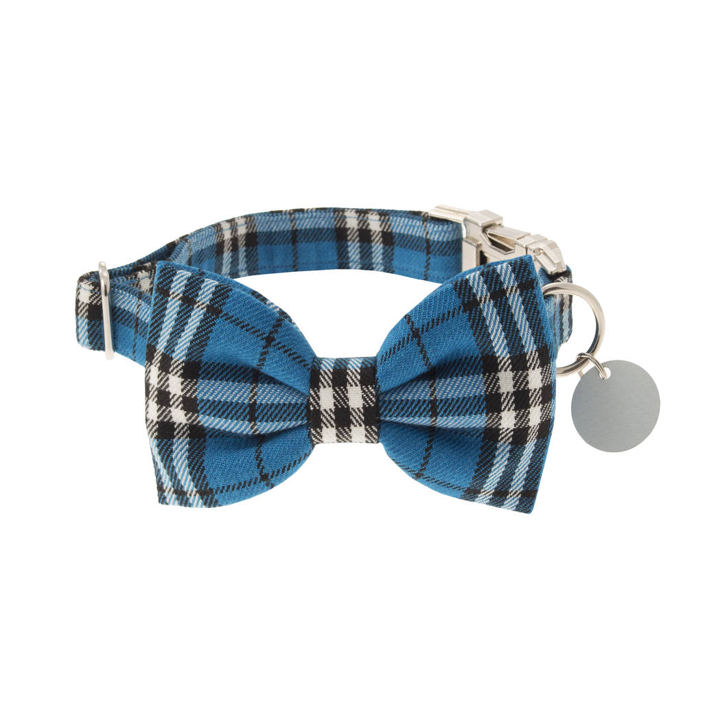 electric blue plaid bow tie dog collar by dober & dasch