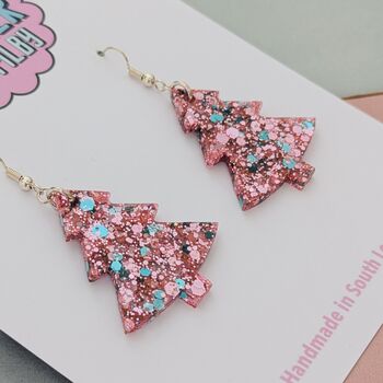 Large Pink And Blue Christmas Tree Earrings, 2 of 4